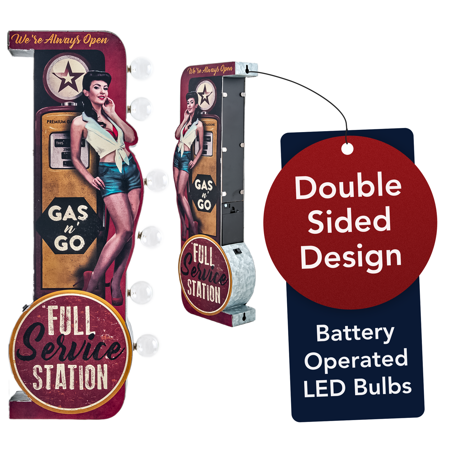 Gas n’ Go Pinup Girl Vintage LED Marquee Sign (30” x 15”)