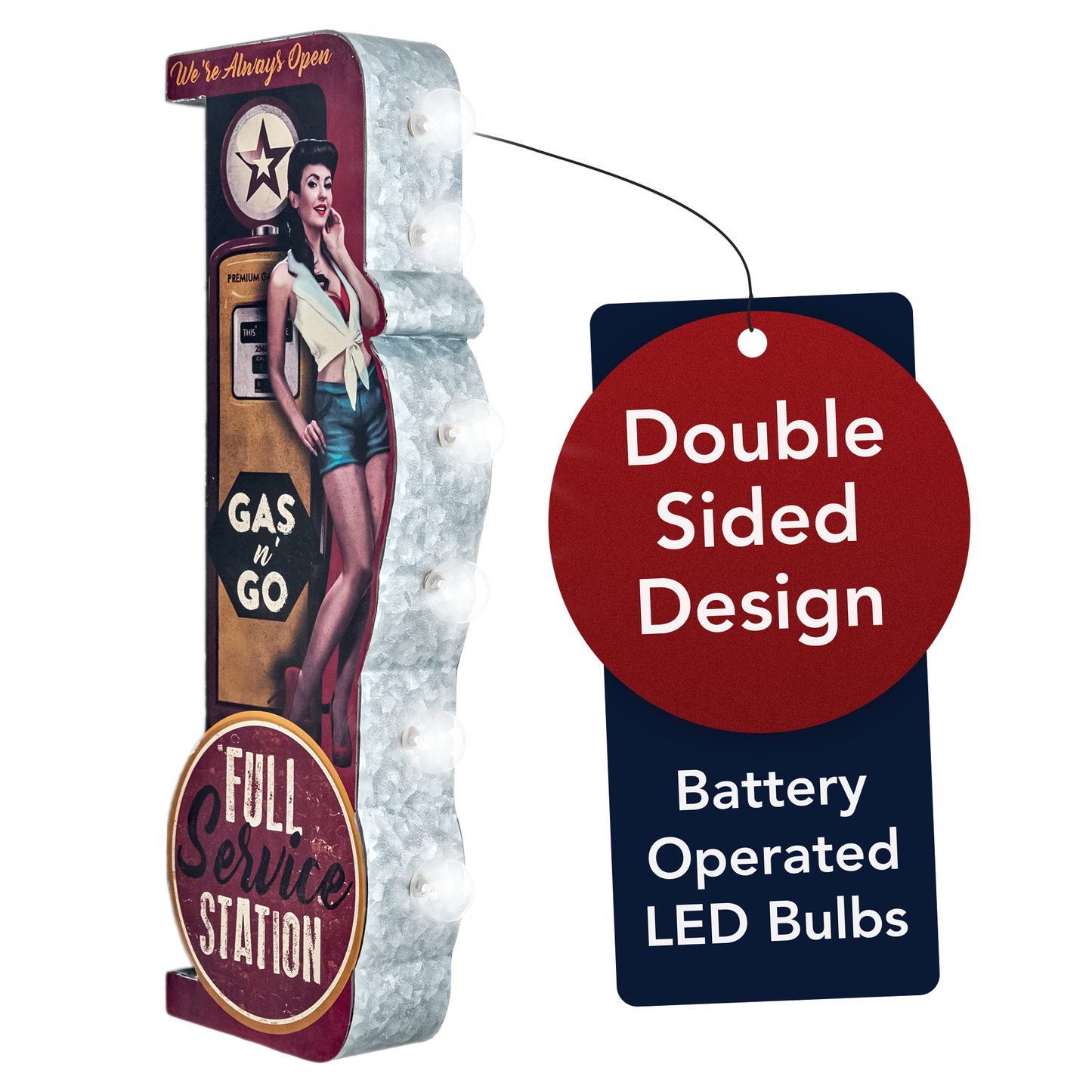 Gas n’ Go Pinup Girl Vintage LED Marquee Sign (30” x 15”)