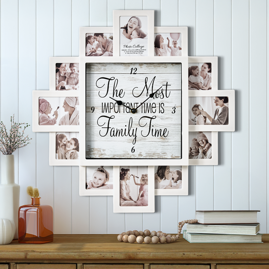White Farmhouse Shabby-Chic "Family Time" Picture Frame Wall Collage Clock