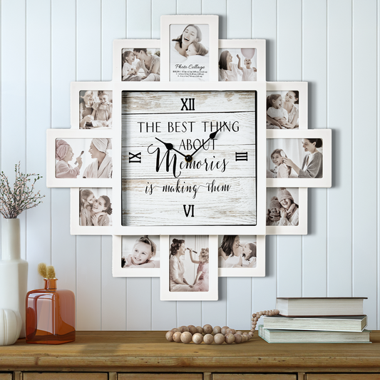 White Farmhouse Shabby-Chic "Memories" Picture Frame Wall Collage Clock