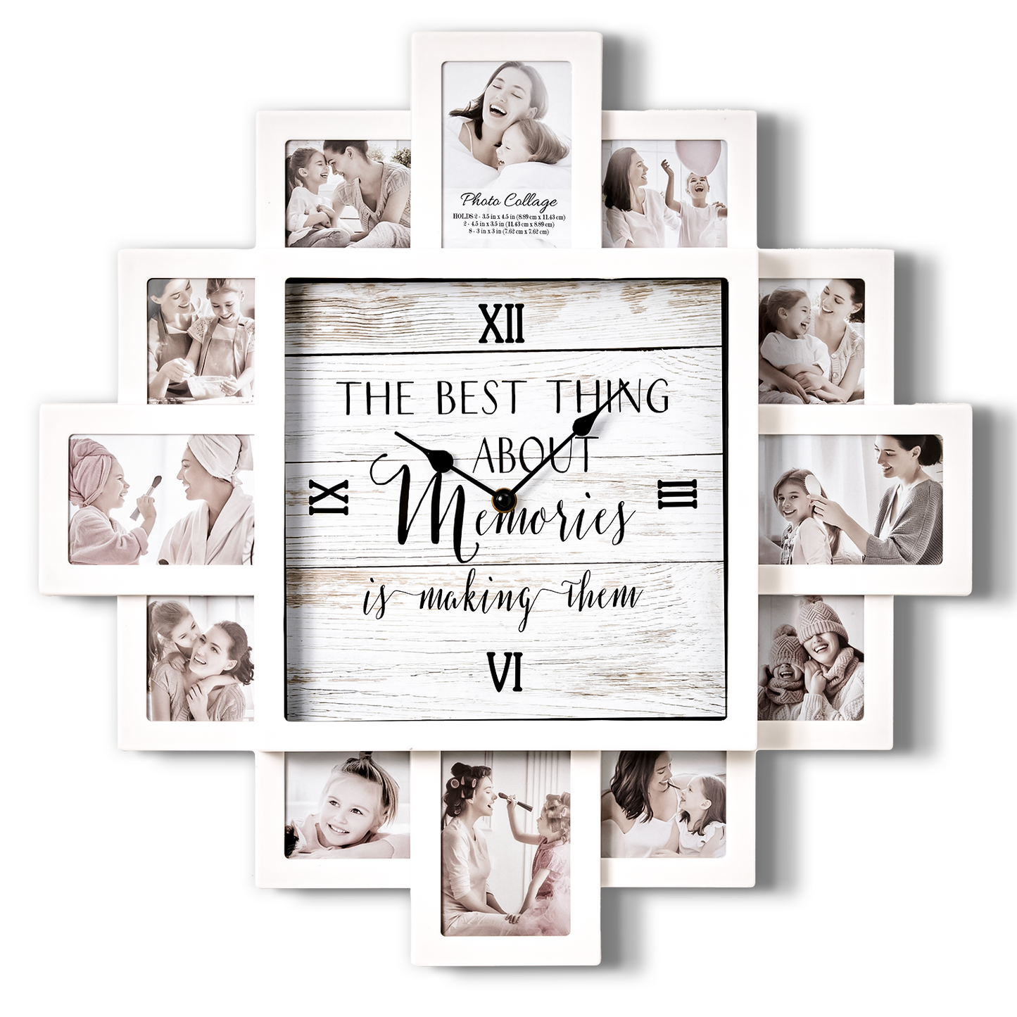 White Farmhouse Shabby-Chic "Memories" Picture Frame Wall Collage Clock
