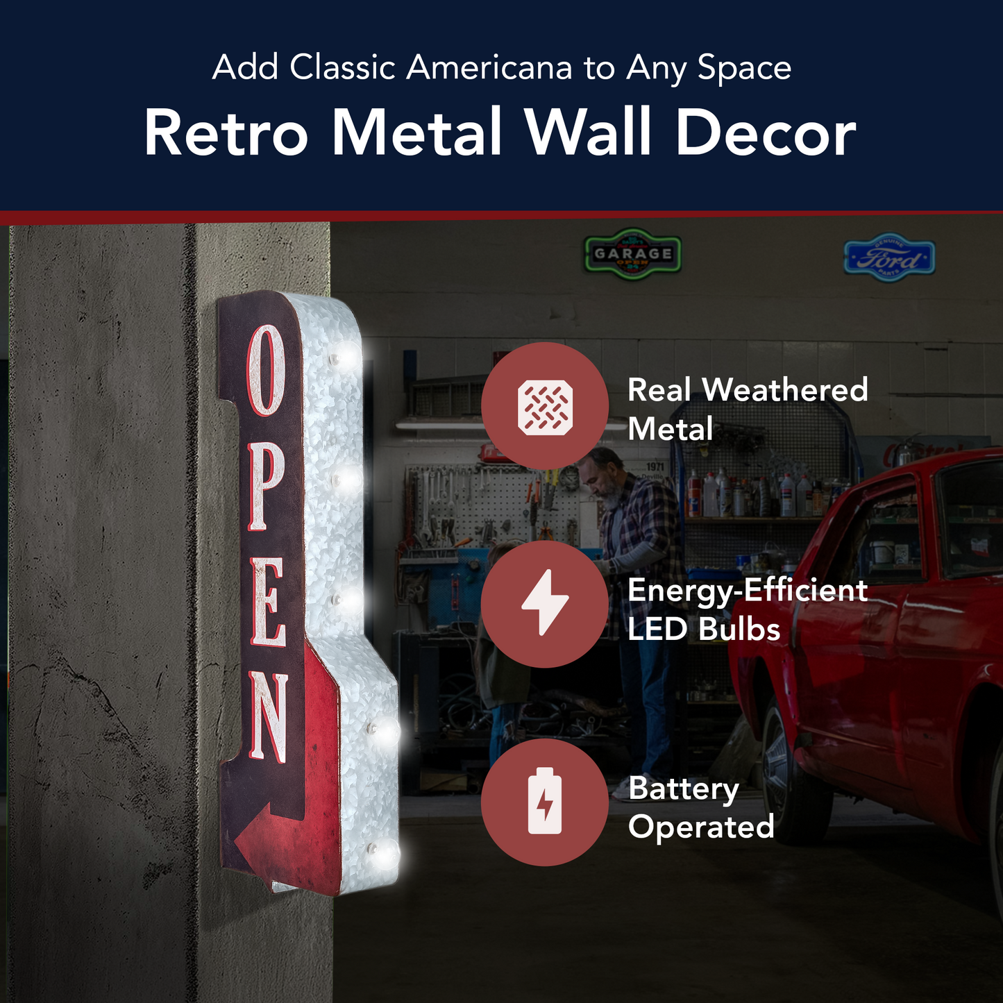 Vintage Open LED Marquee Arrow Sign (30” x 9”)