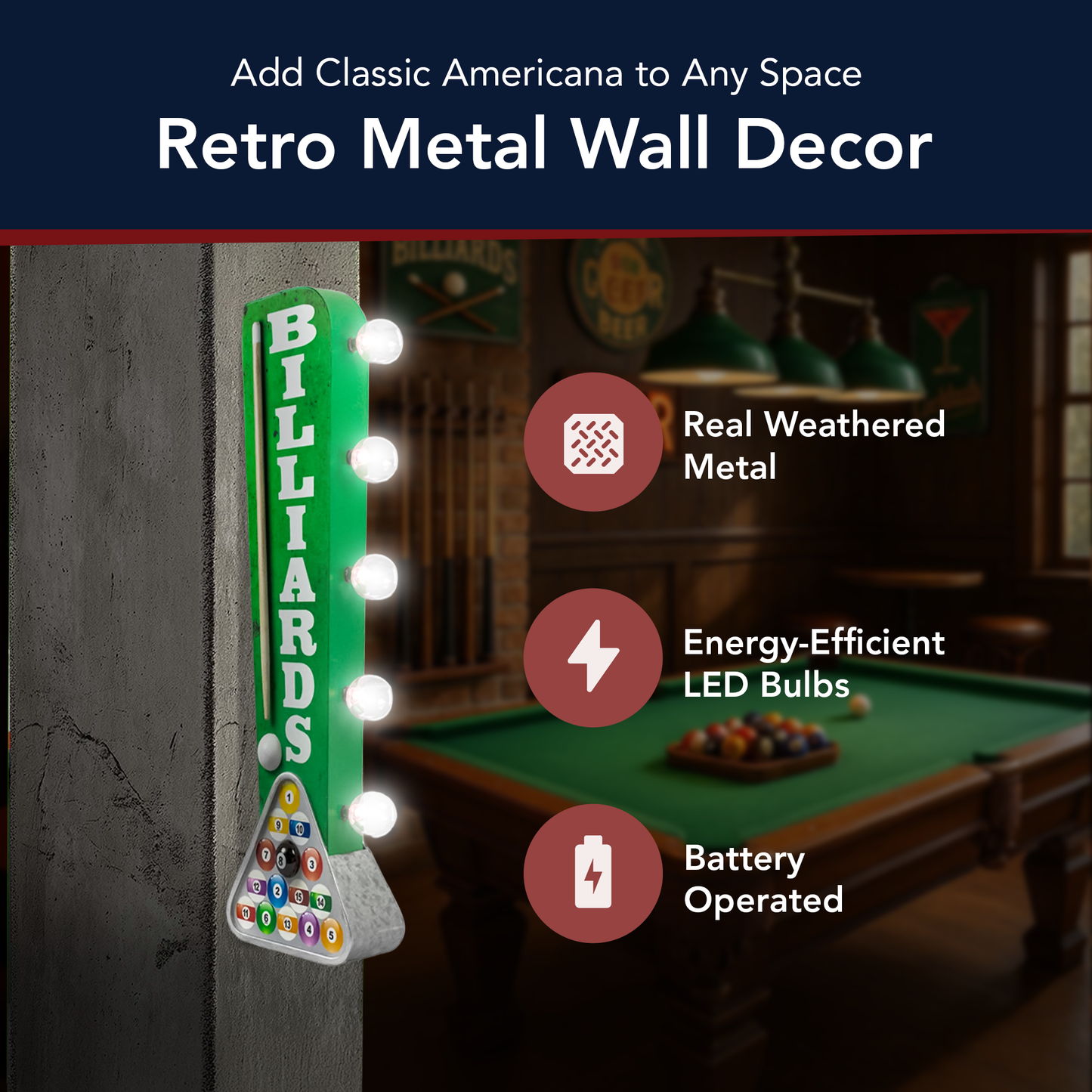 Vintage Billiards LED Marquee Sign Wall Decor (25” x 7”)