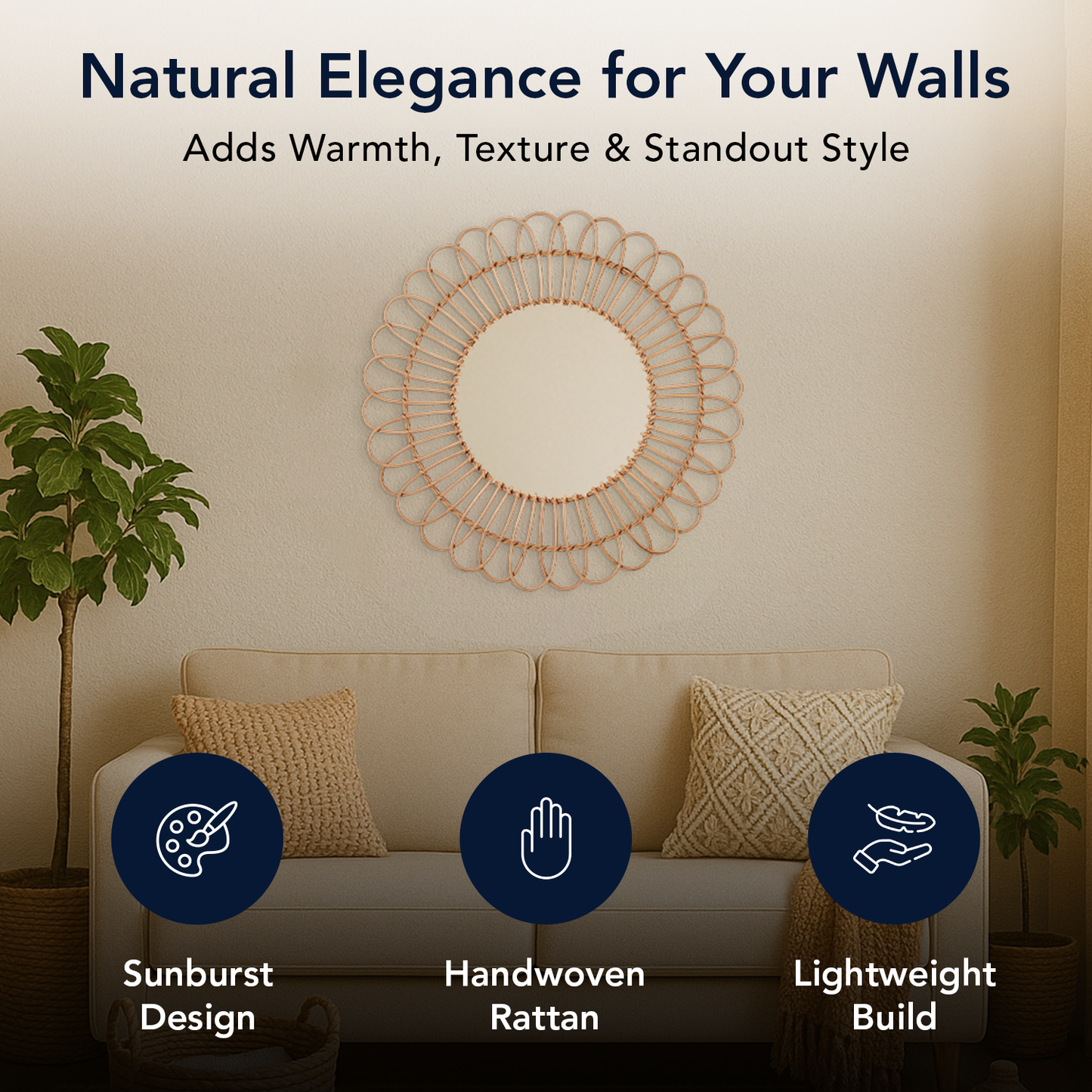 Boho Woven Rattan Sunburst Accent Wall Mirror, Natural - 25"