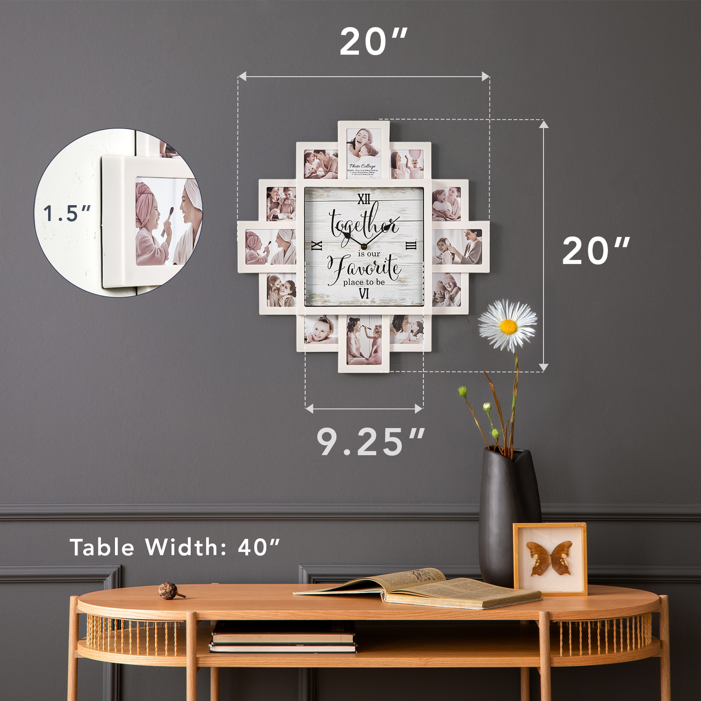 White Farmhouse Shabby-Chic "Together" Picture Frame Wall Collage Clock