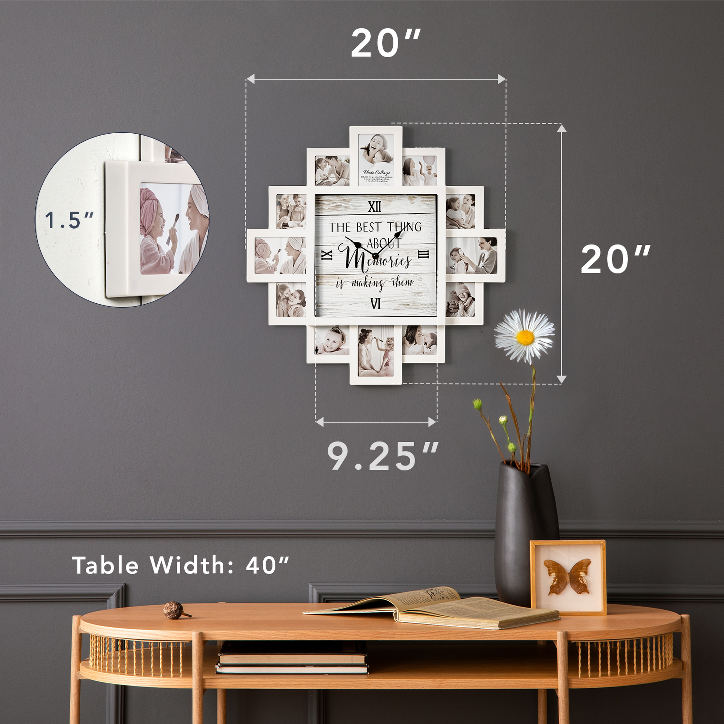 White Farmhouse Shabby-Chic "Memories" Picture Frame Wall Collage Clock