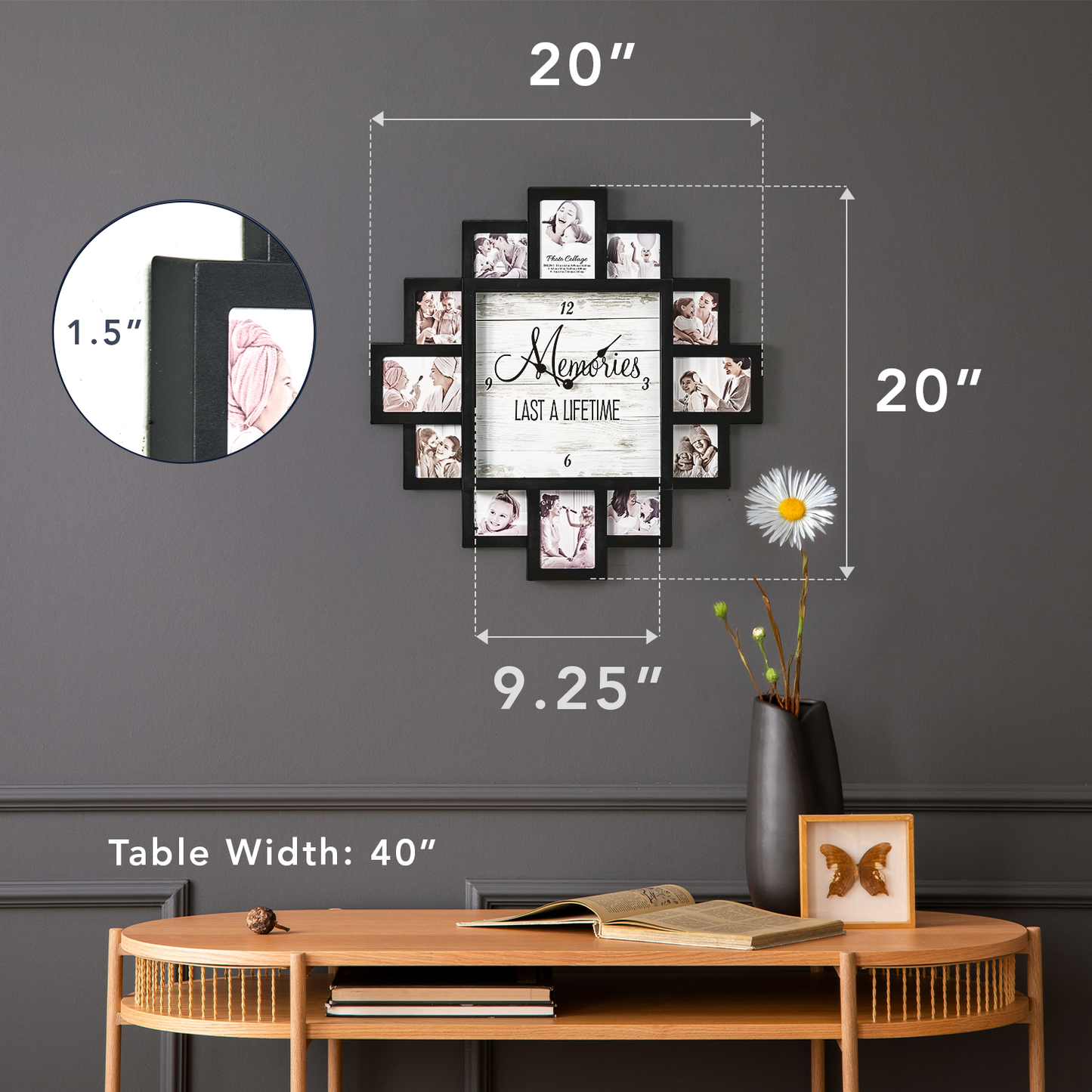 Black "Lifetime Memories" Picture Frame Wall Collage Clock