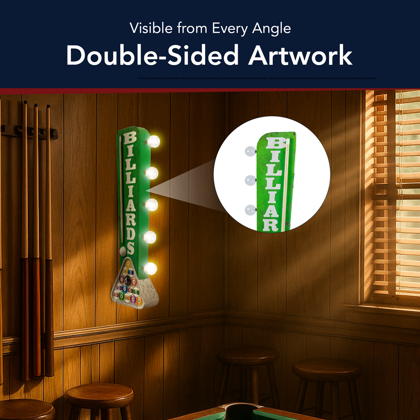 Vintage Billiards LED Marquee Sign Wall Decor (25” x 7”)
