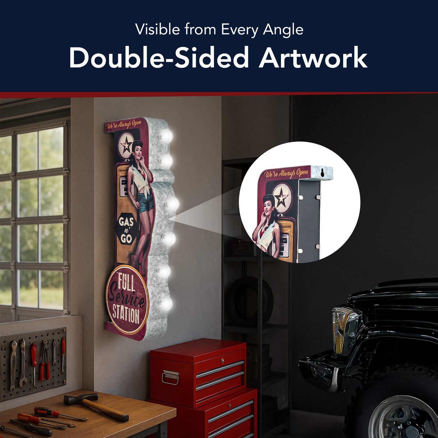 Gas n’ Go Pinup Girl Vintage LED Marquee Sign (30” x 15”)