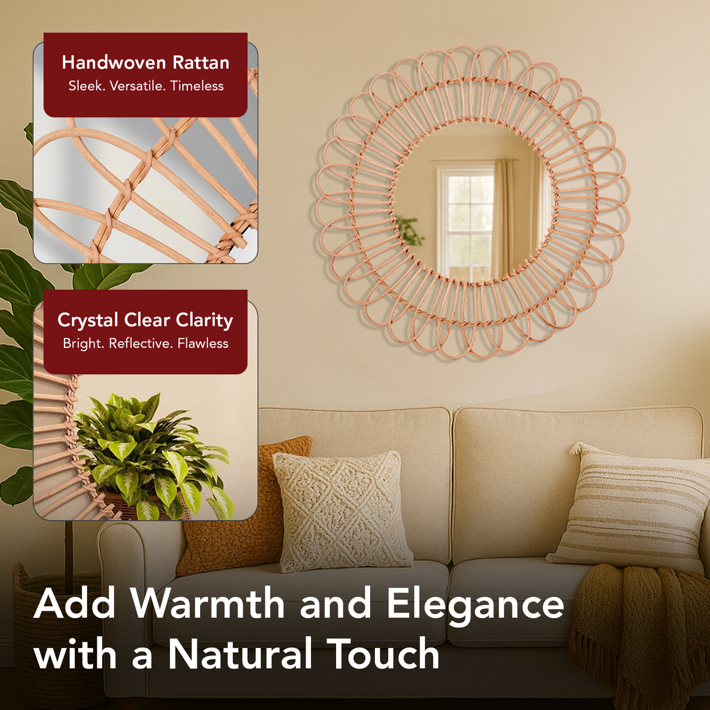 Boho Woven Rattan Sunburst Accent Wall Mirror, Natural - 25"
