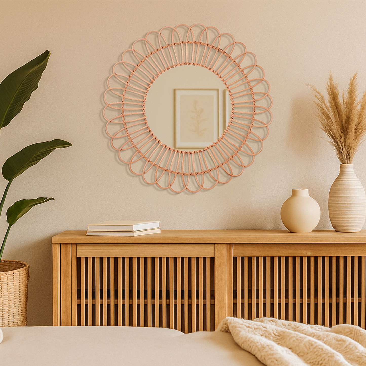 Boho Woven Rattan Sunburst Accent Wall Mirror, Natural - 25"