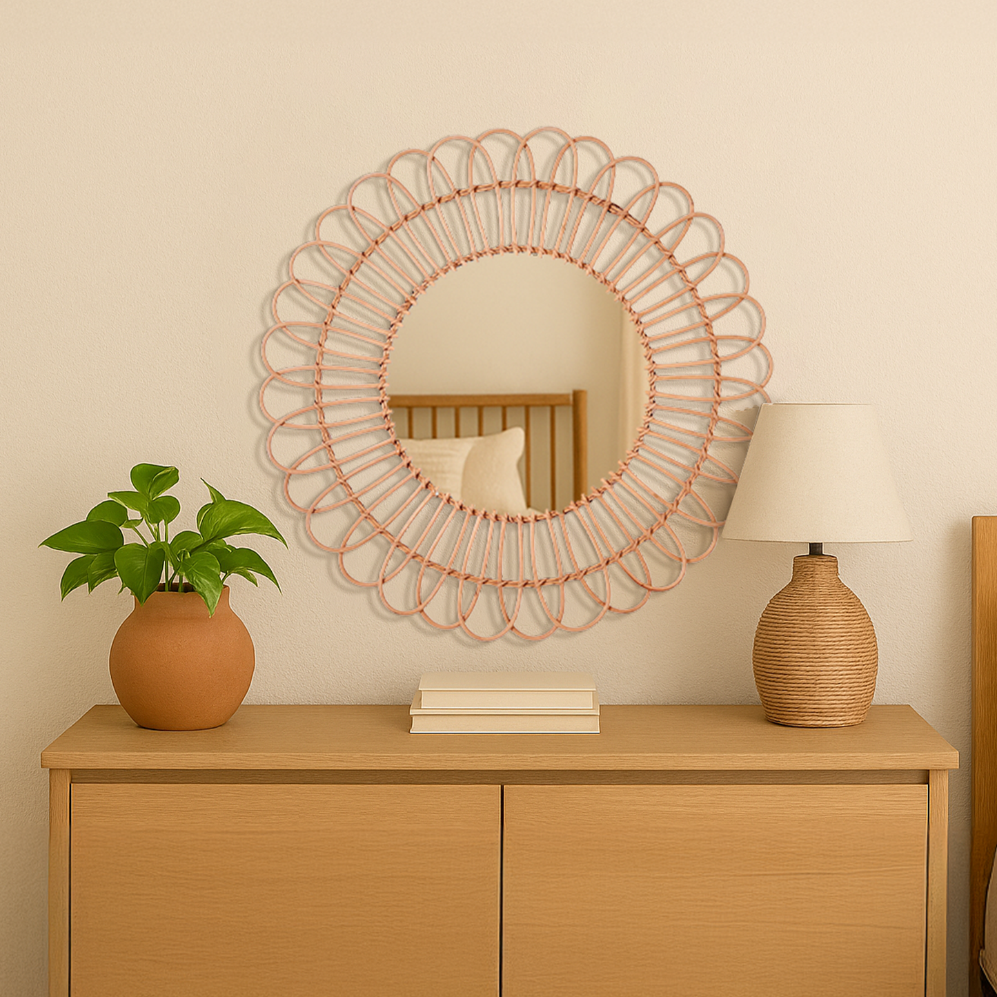 Boho Woven Rattan Sunburst Accent Wall Mirror, Natural - 25"