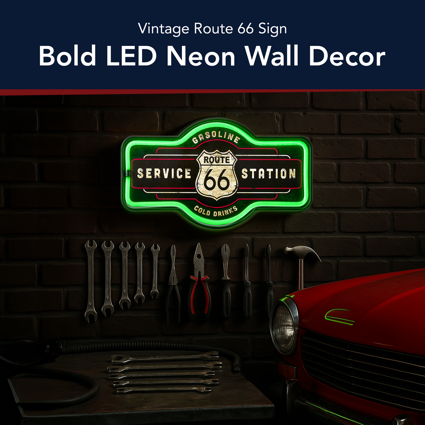Vintage Route 66 Service Station LED Neon Light Sign Wall Decor (9.5” x 17.25”)