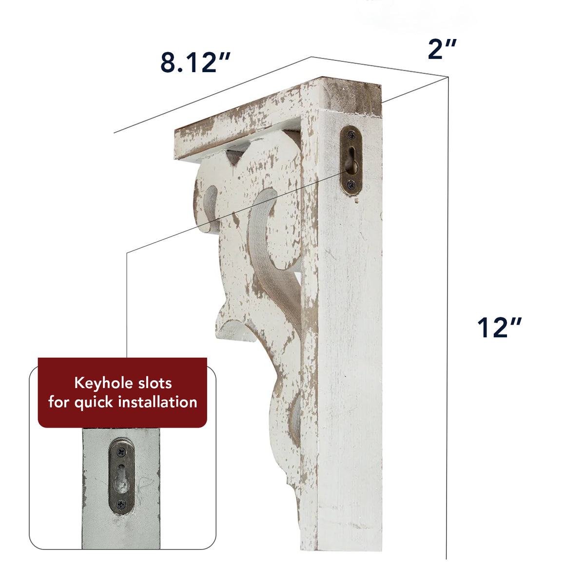 Set of two 12-inch washed white wood corbels with distressed floral scrollwork and dual keyhole slots, styled as farmhouse shelf brackets and architectural wall accents.