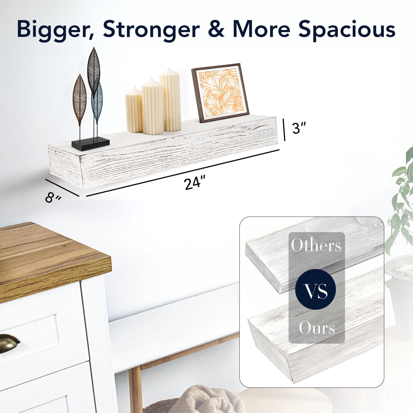 Whitewashed Wood Floating Wall Shelf - Small