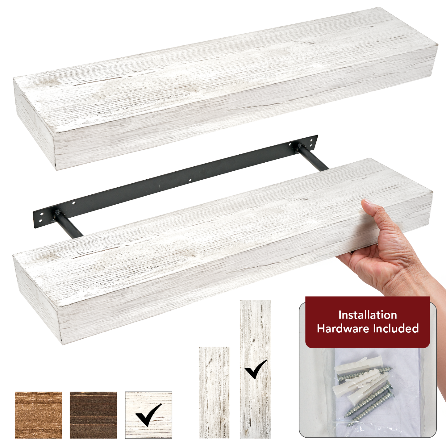 Whitewashed Wood Floating Wall Shelf - Large