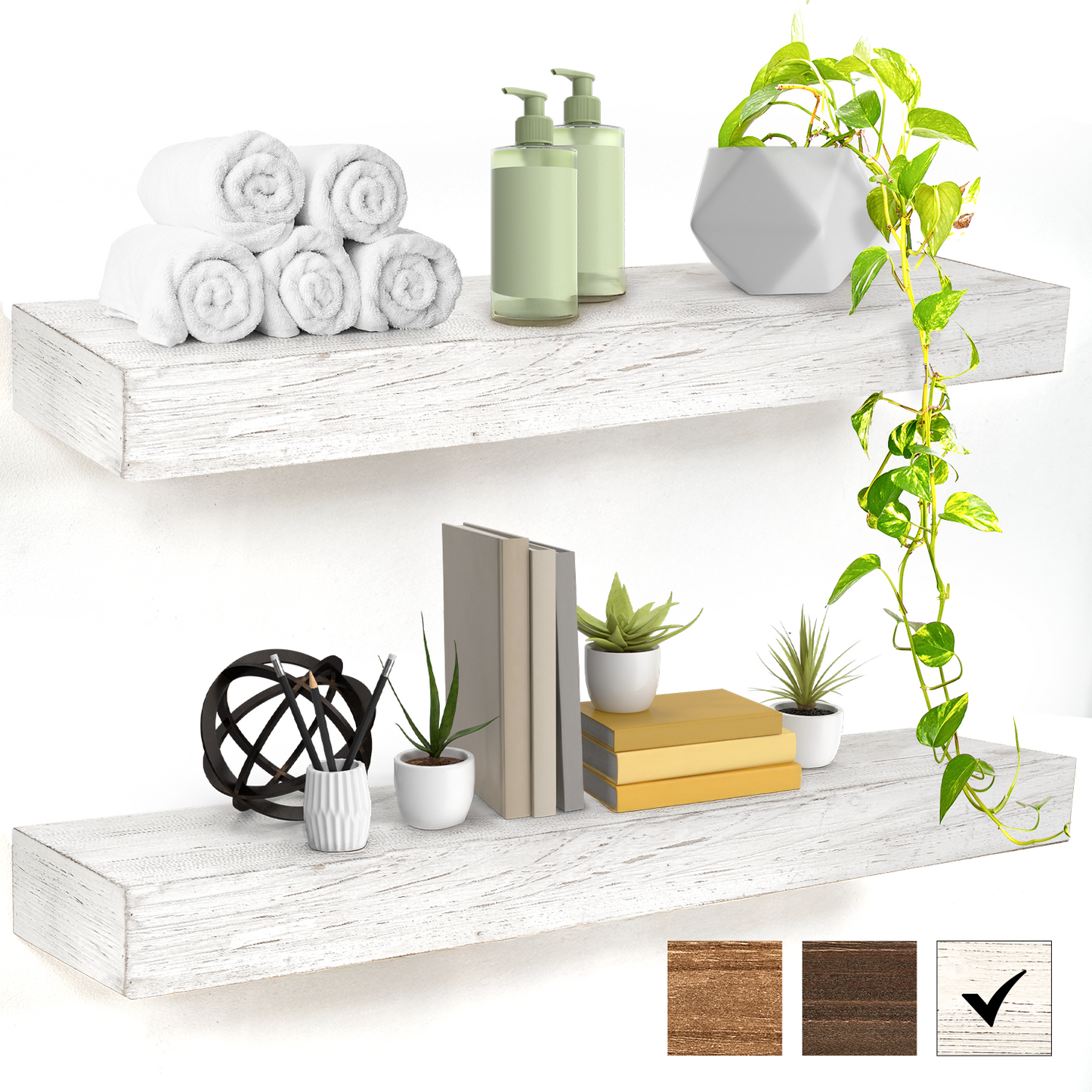 Whitewashed Wood Floating Wall Shelf - Large