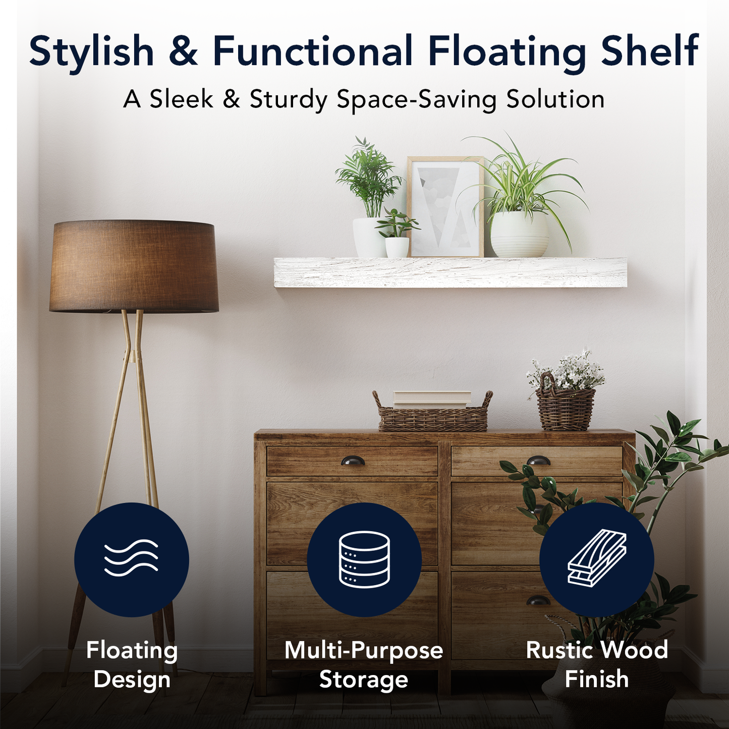 Whitewashed Wood Floating Wall Shelf - Large