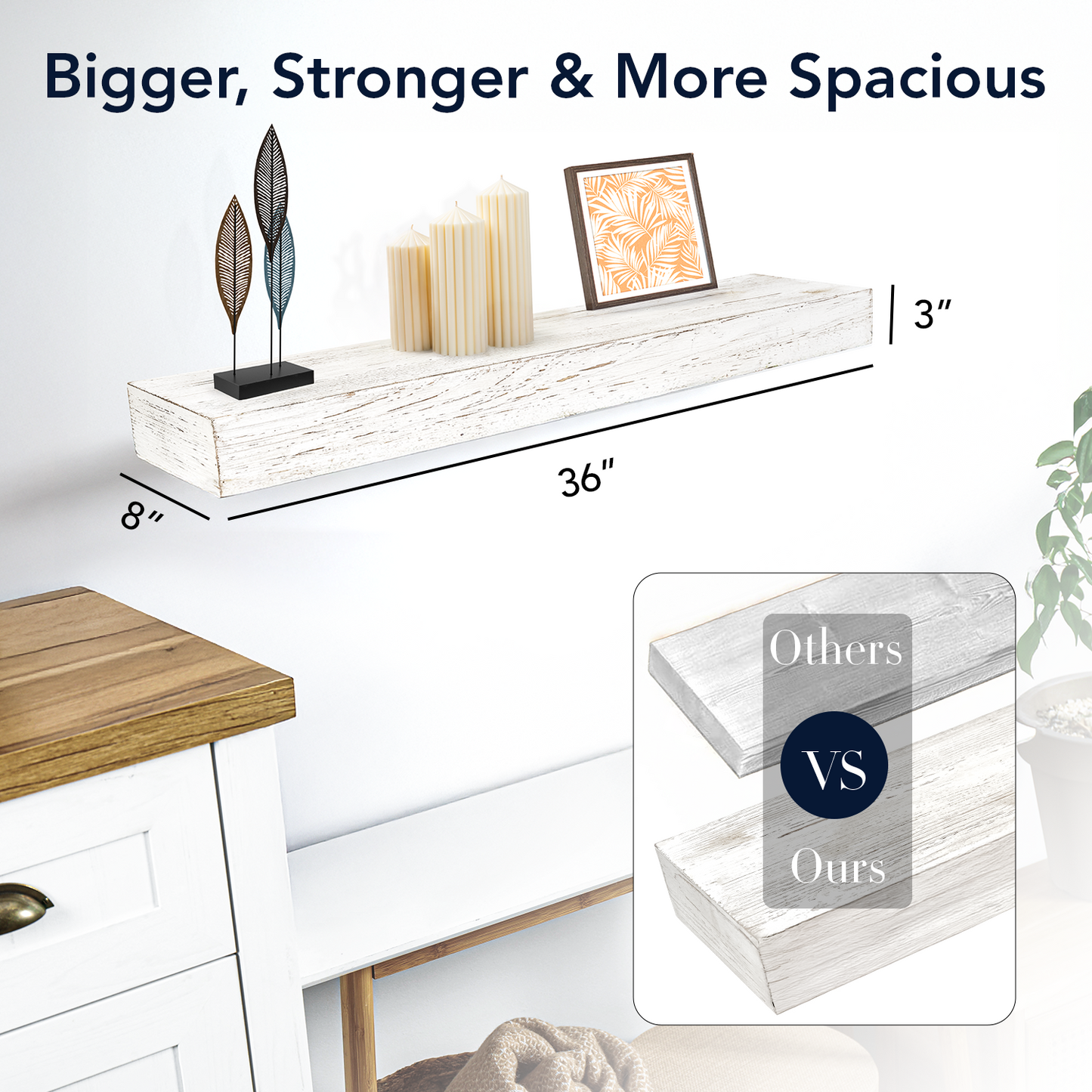 Whitewashed Wood Floating Wall Shelf - Large