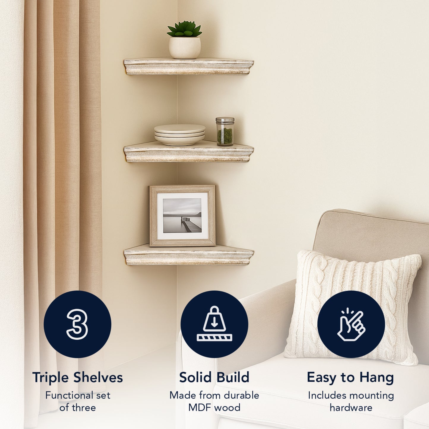 Wood Floating Beveled Corner Shelves (Set of 3) - White