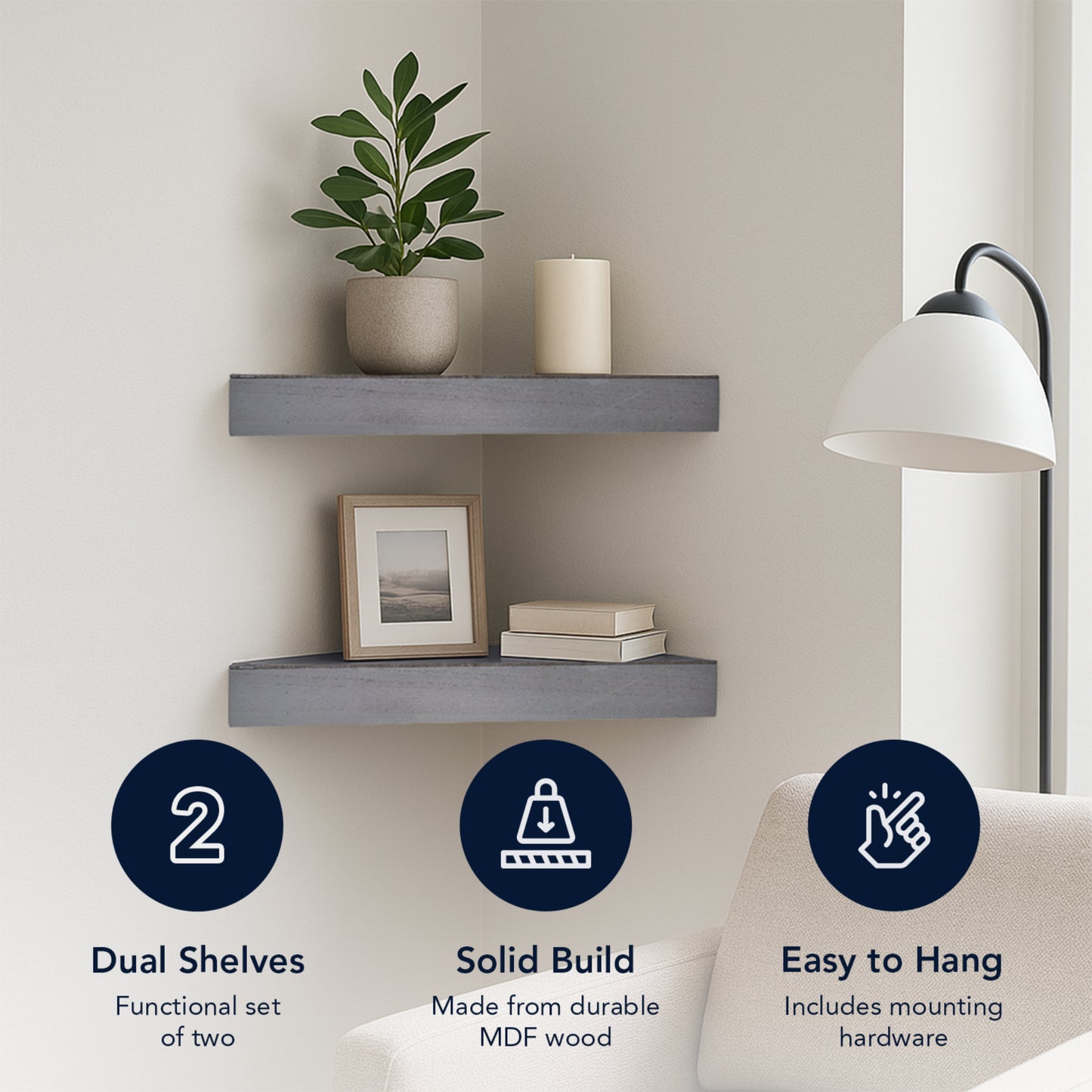 Wood Floating Corner Shelves (Set of 2) - Grey