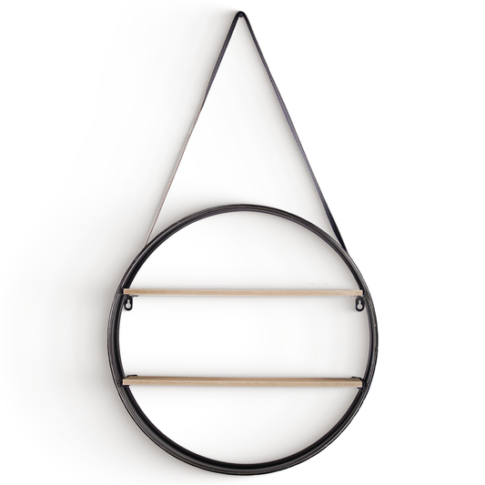 Metal and Wood Round Hanging Wall Shelf with Strap (33" x 19")