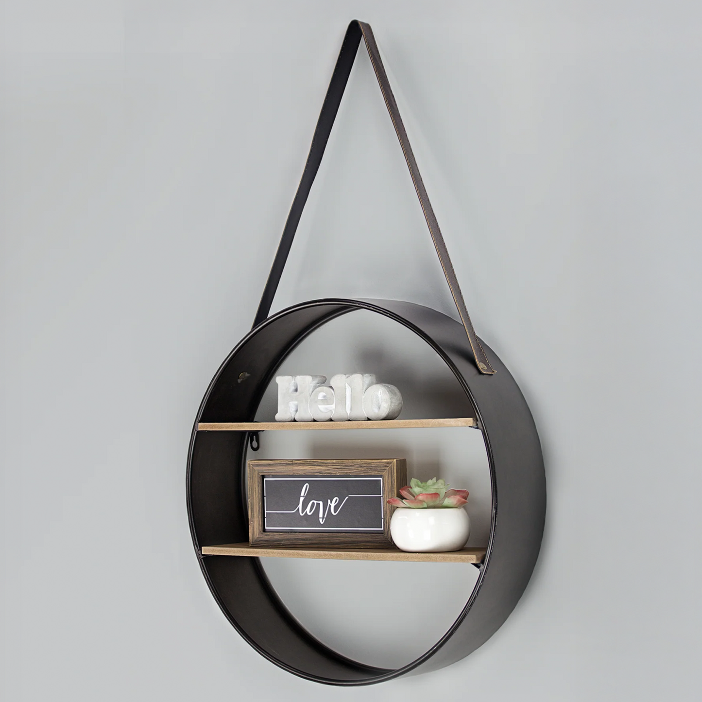 Metal and Wood Round Hanging Wall Shelf with Strap (33" x 19")