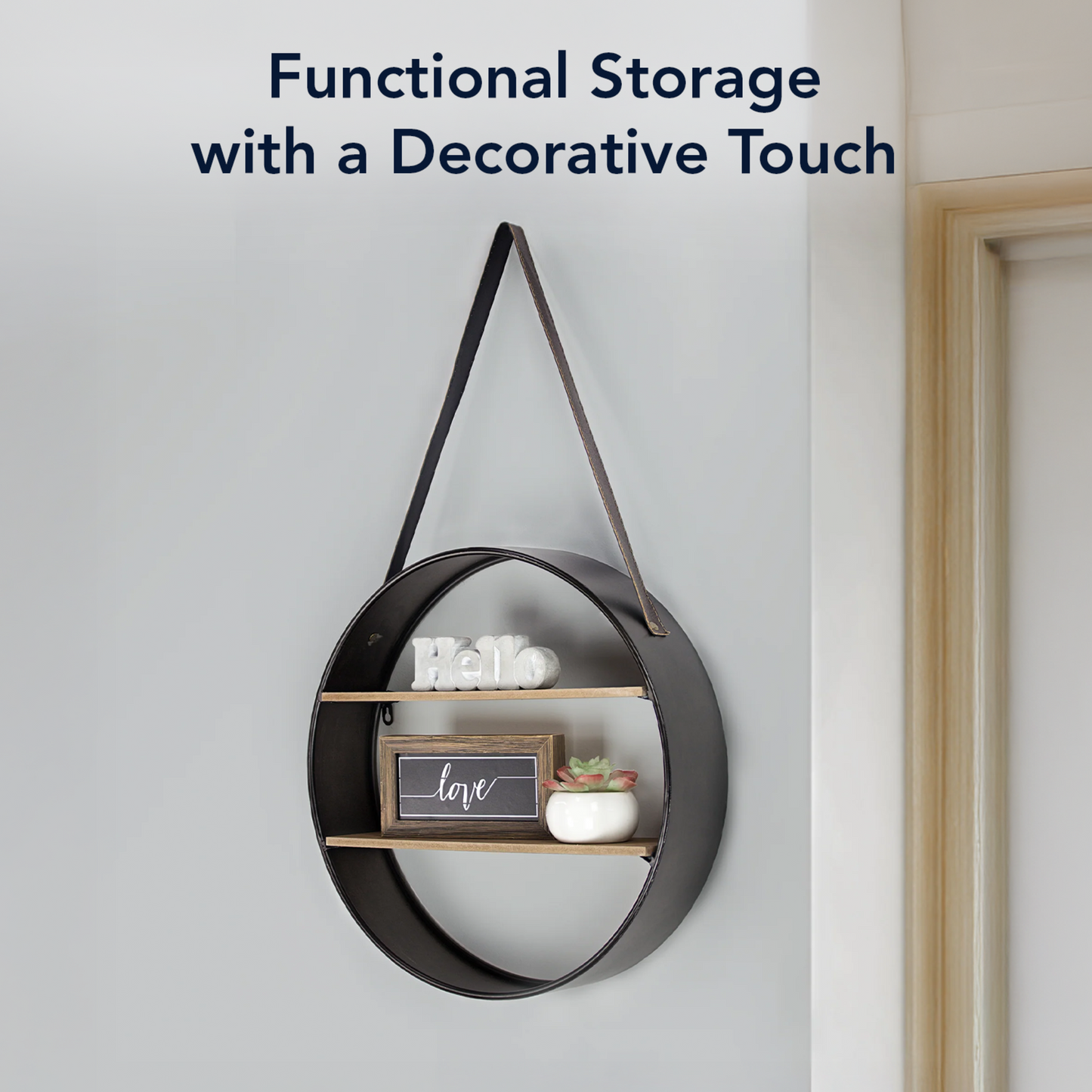 Metal and Wood Round Hanging Wall Shelf with Strap (33" x 19")