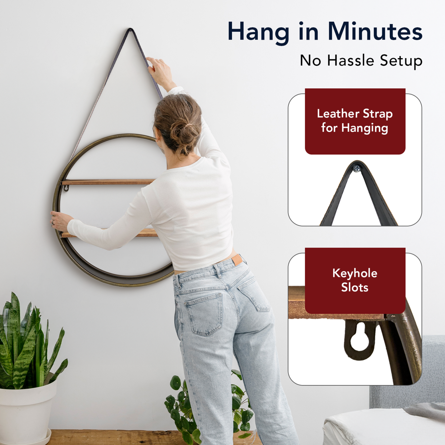Metal and Wood Round Hanging Wall Shelf with Strap (33" x 19")