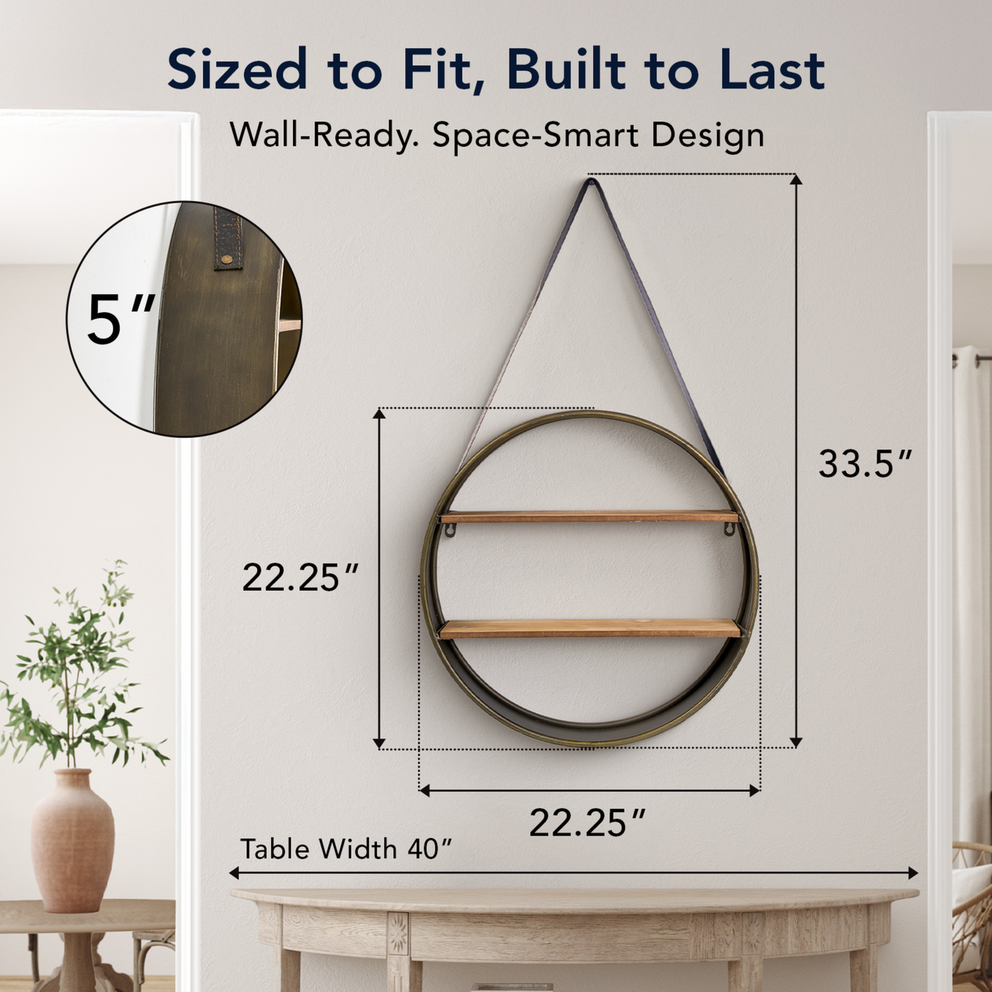 Metal and Wood Round Hanging Wall Shelf with Strap (33" x 19")