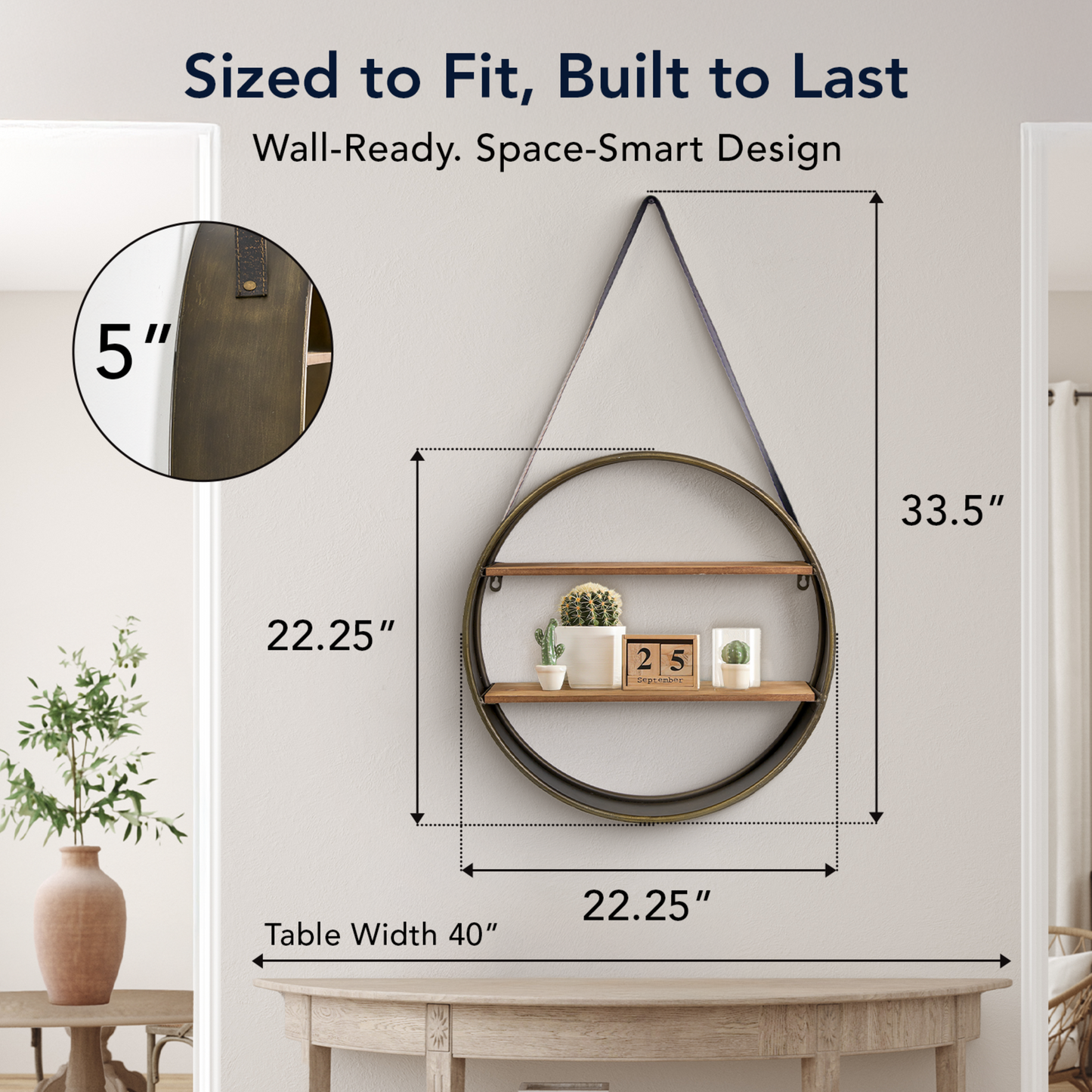 Metal and Wood Round Hanging Wall Shelf with Strap (33" x 19")