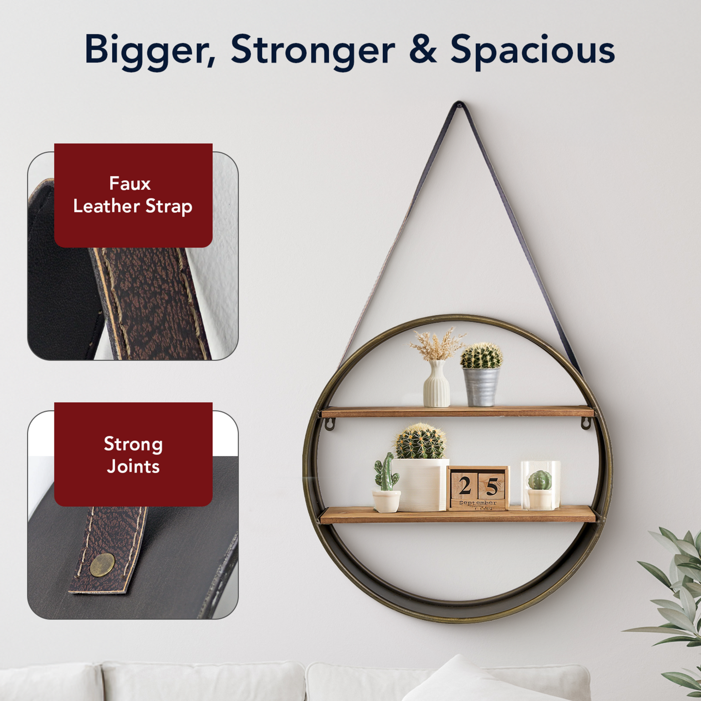 Metal and Wood Round Hanging Wall Shelf with Strap (33" x 19")