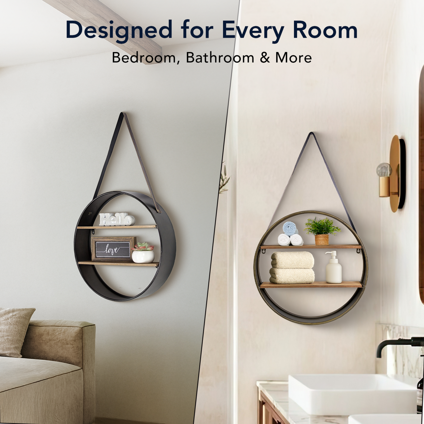 Metal and Wood Round Hanging Wall Shelf with Strap (33" x 19")