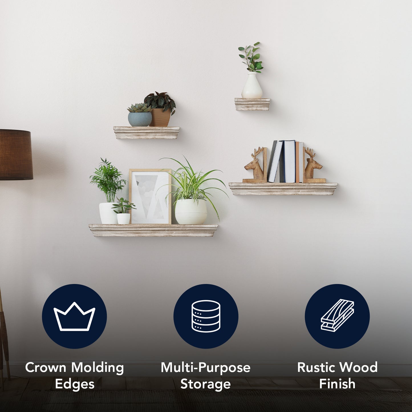Floating Shelves with Crown Molding - White