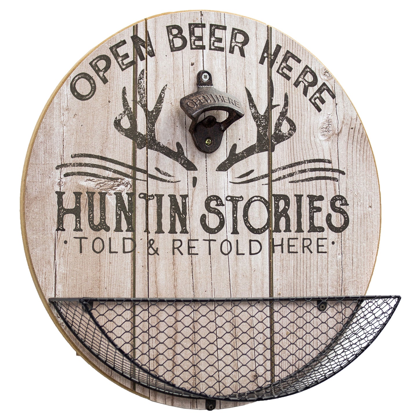Huntin' Stories Told Here Bottle Opener and Cap Catcher Wall Decor