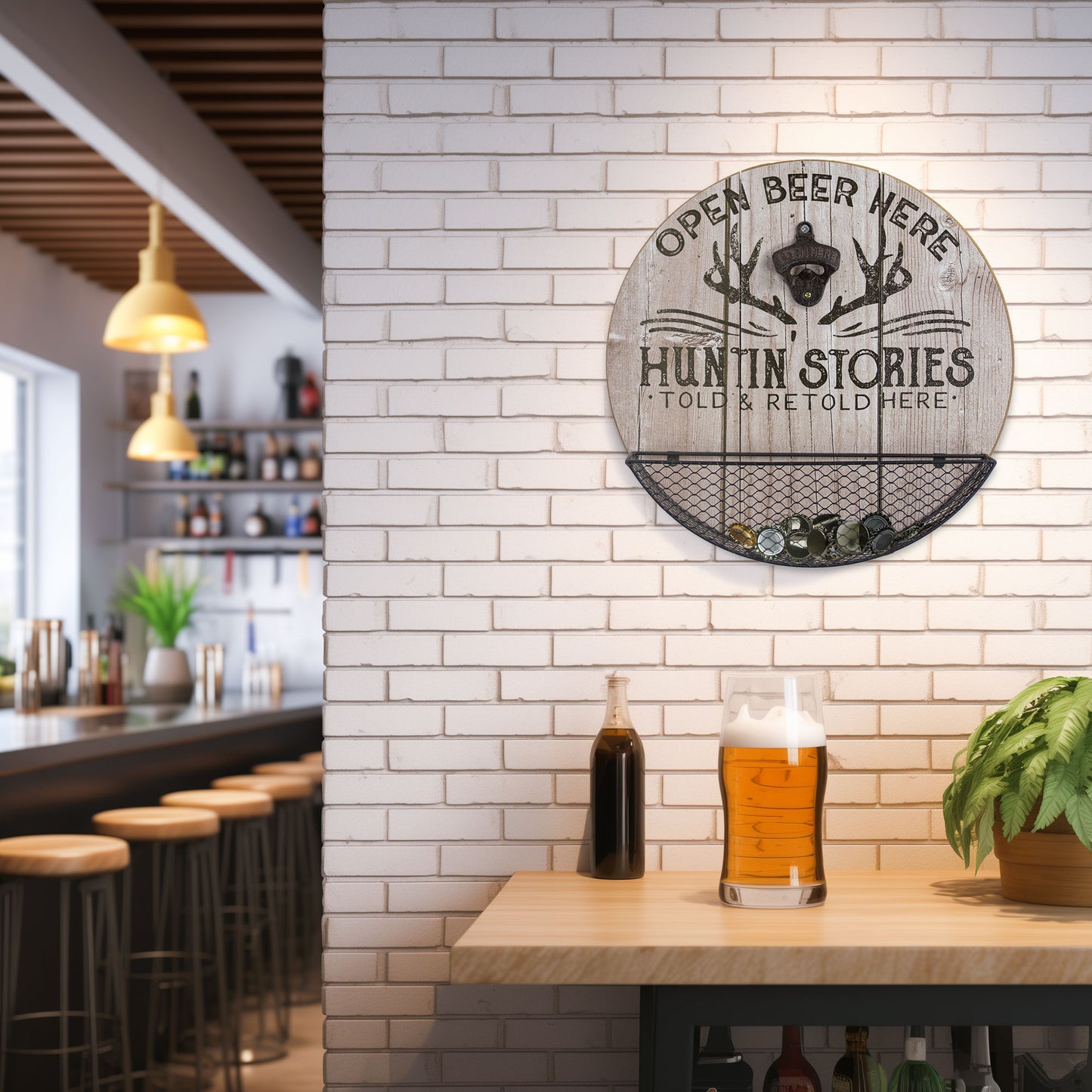 Huntin' Stories Told Here Bottle Opener and Cap Catcher Wall Decor