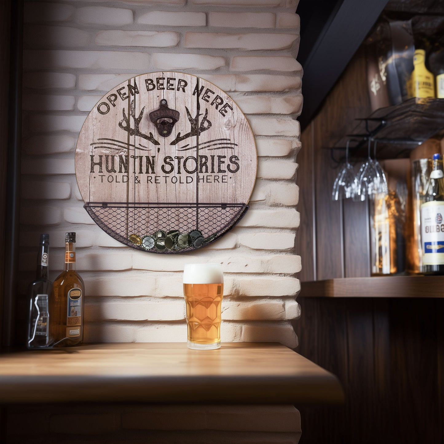 Huntin' Stories Told Here Bottle Opener and Cap Catcher Wall Decor