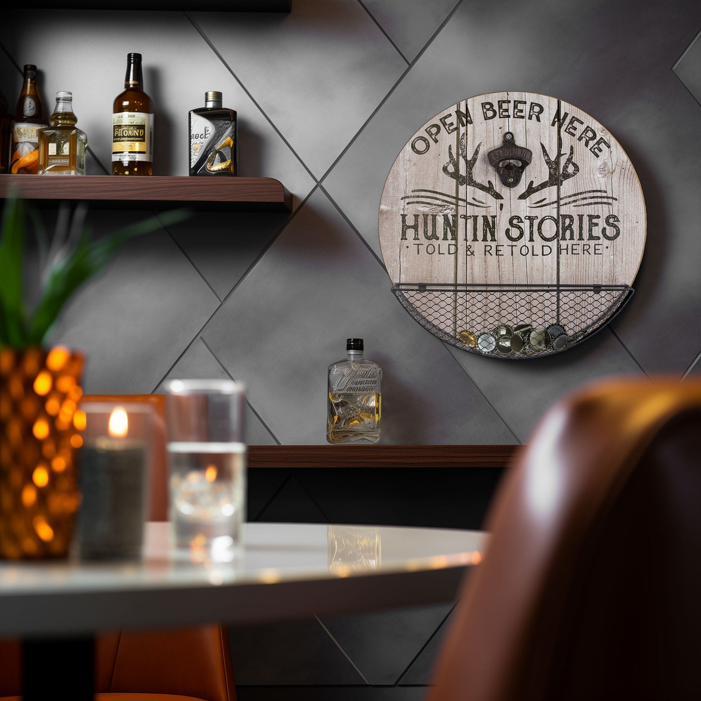 Huntin' Stories Told Here Bottle Opener and Cap Catcher Wall Decor