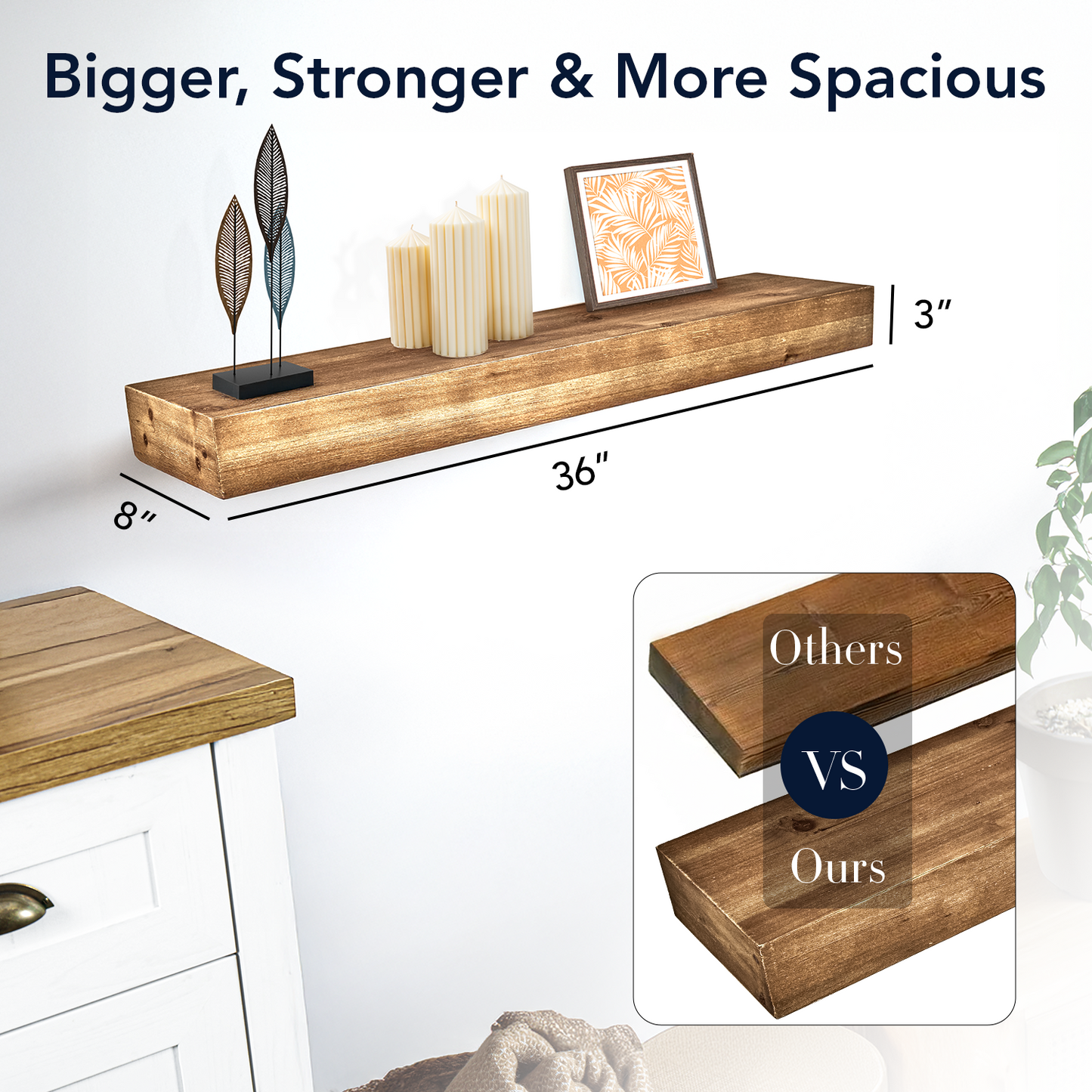 Rustic Wood Floating Wall Shelf - Large/Walnut Brown