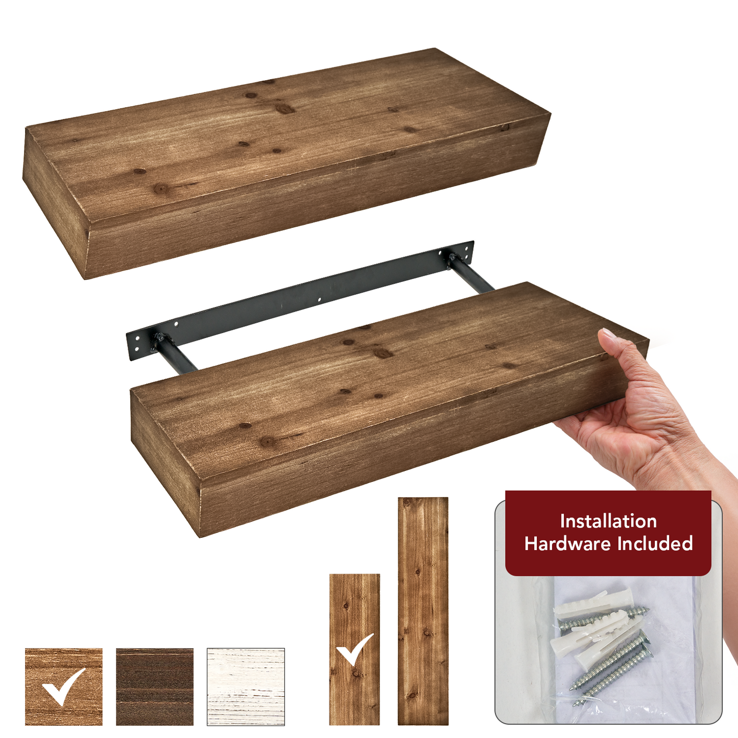 Rustic Wood Floating Wall Shelf - Small/Walnut Brown