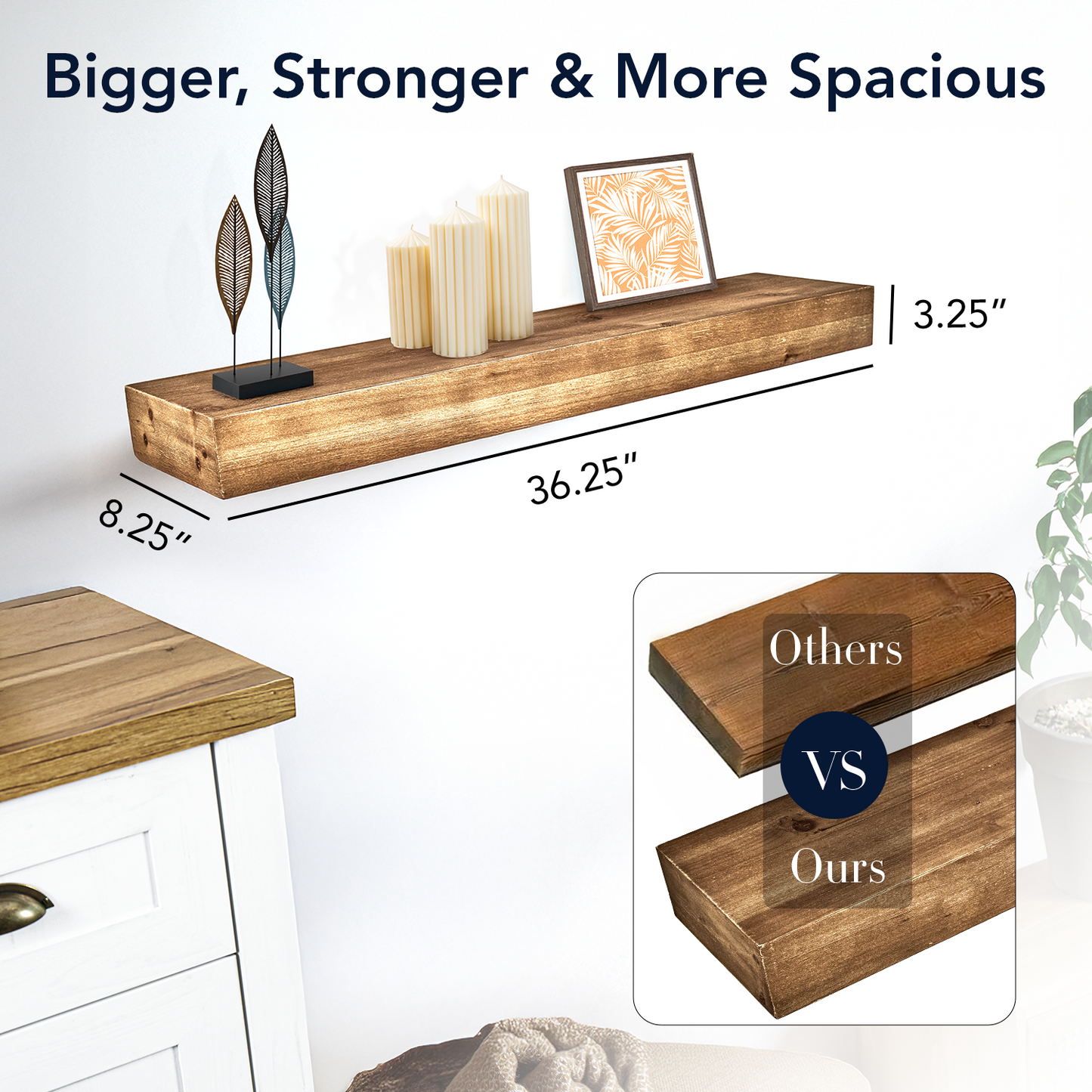 Rustic Wood Floating Wall Shelf - Small/Walnut Brown