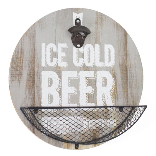 Wood-Textured 'Ice Cold Beer' Bottle Opener & Cap Catcher - 14"