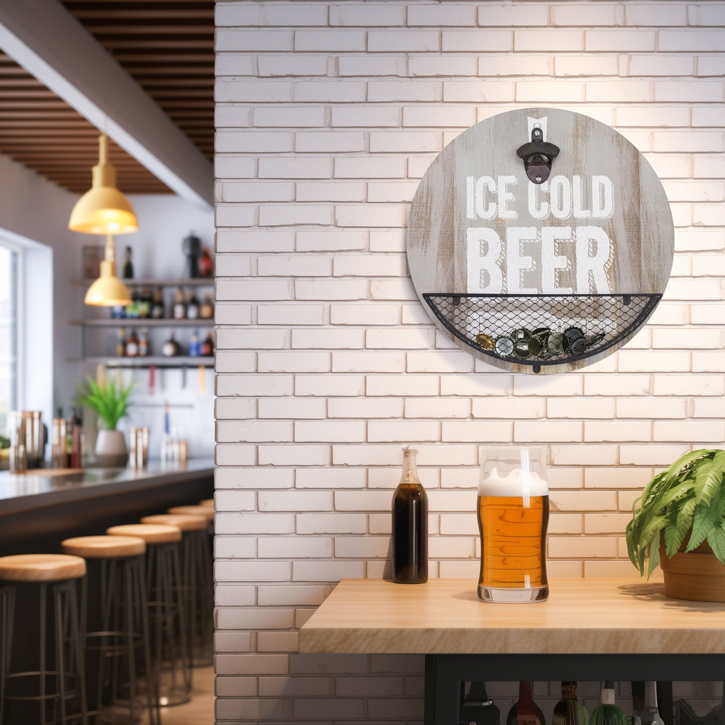 Wood-Textured 'Ice Cold Beer' Bottle Opener & Cap Catcher - 14"