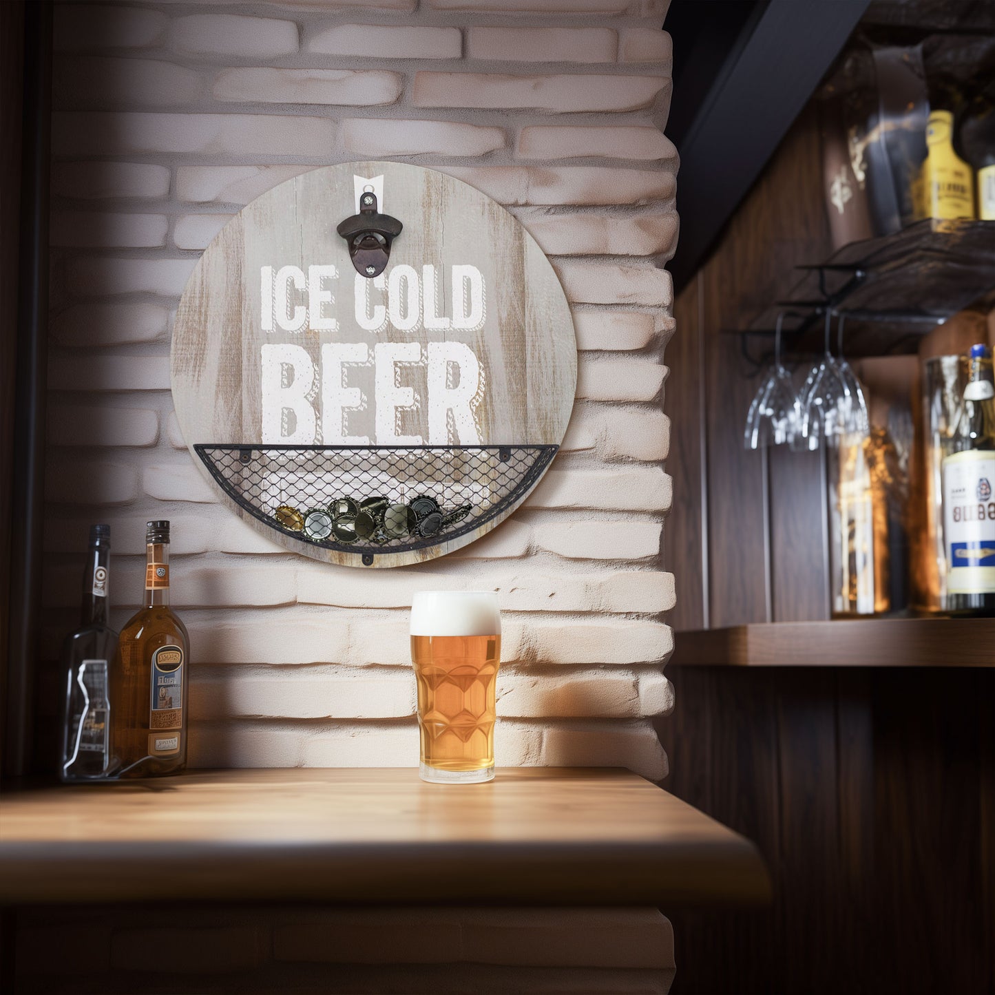 Wood-Textured 'Ice Cold Beer' Bottle Opener & Cap Catcher - 14"