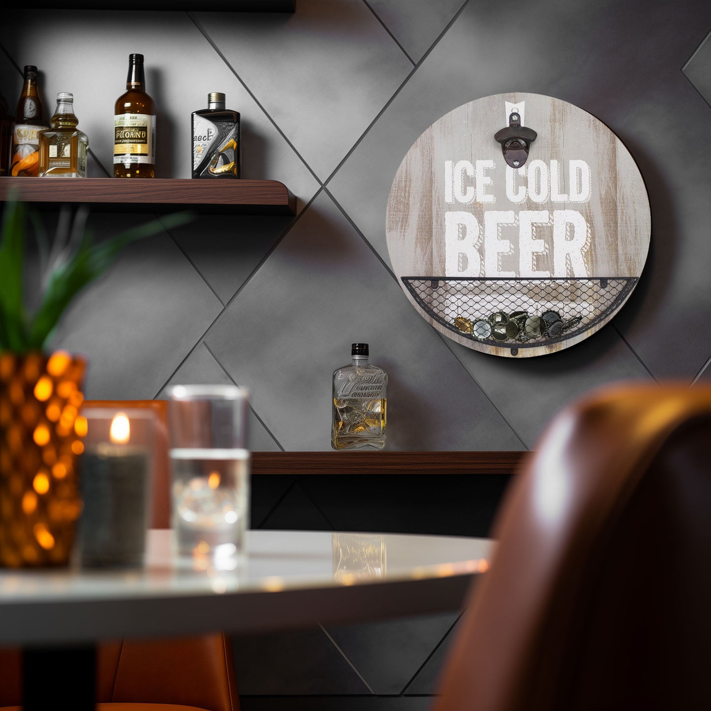 Wood-Textured 'Ice Cold Beer' Bottle Opener & Cap Catcher - 14"