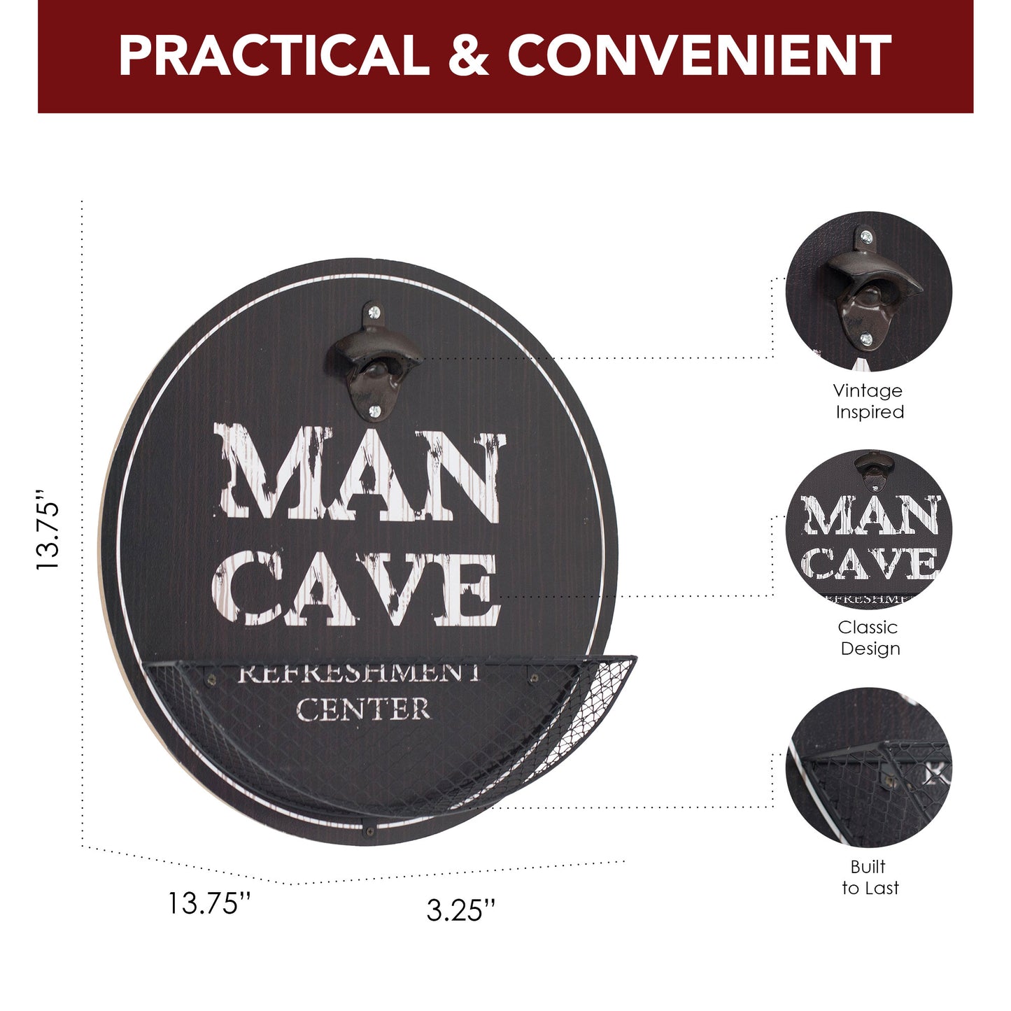 Vintage Man Cave 'Refreshment Center' Bottle Opener & Cap Catcher 14"