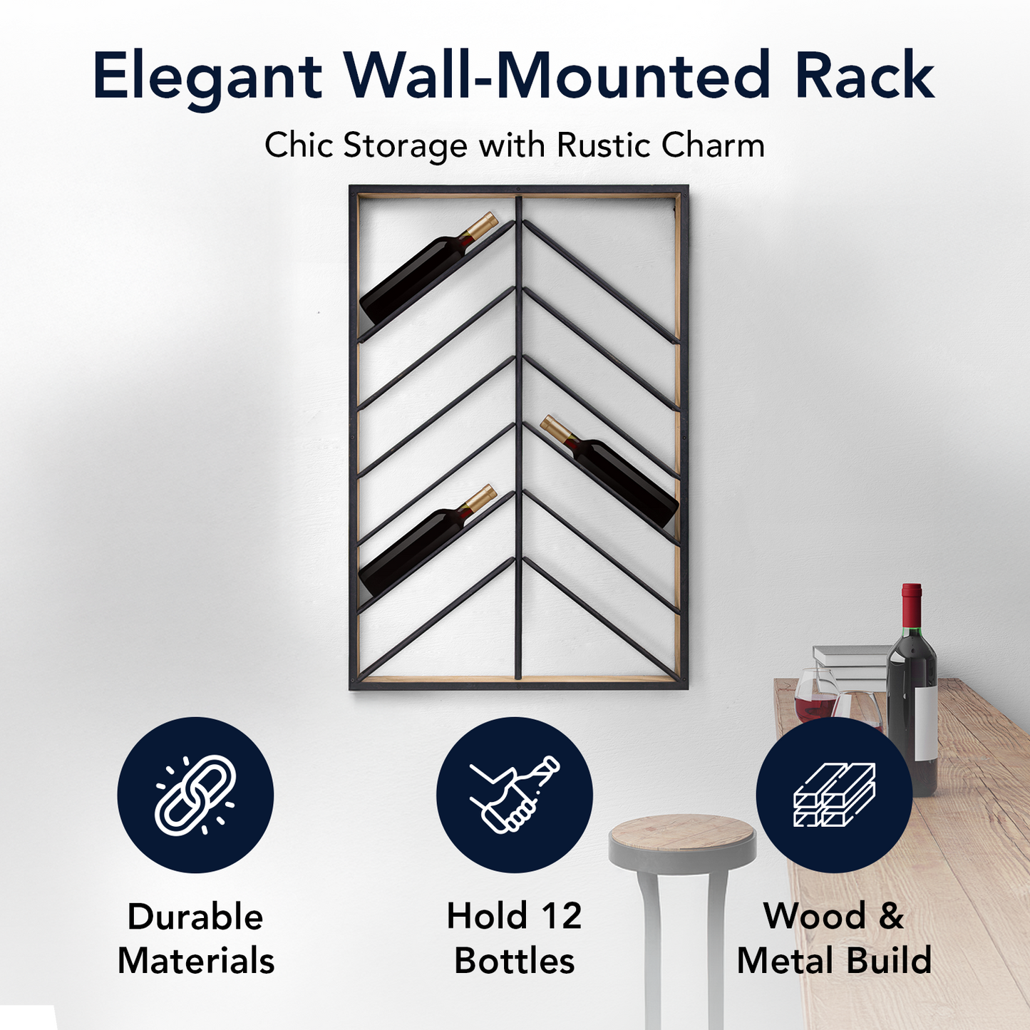 Wood and Metal Wall Mounted Wine Rack (36.25” x 24.25”)