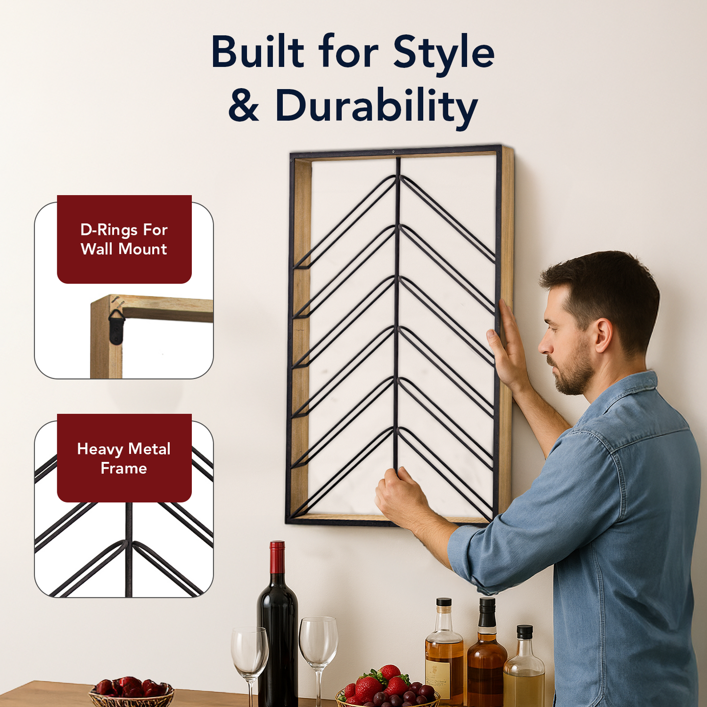 Wood and Metal Wall Mounted Wine Rack (36.25” x 24.25”)