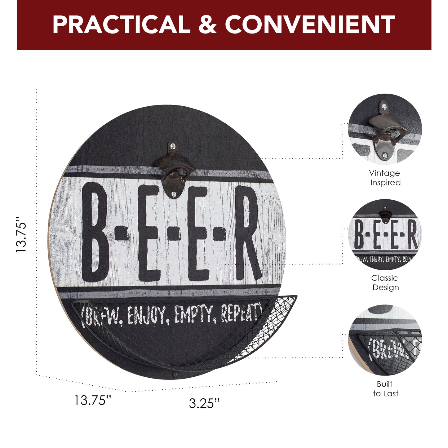 Vintage-Inspired 'B-E-E-R' Bottle Opener & Cap Catcher - 14"