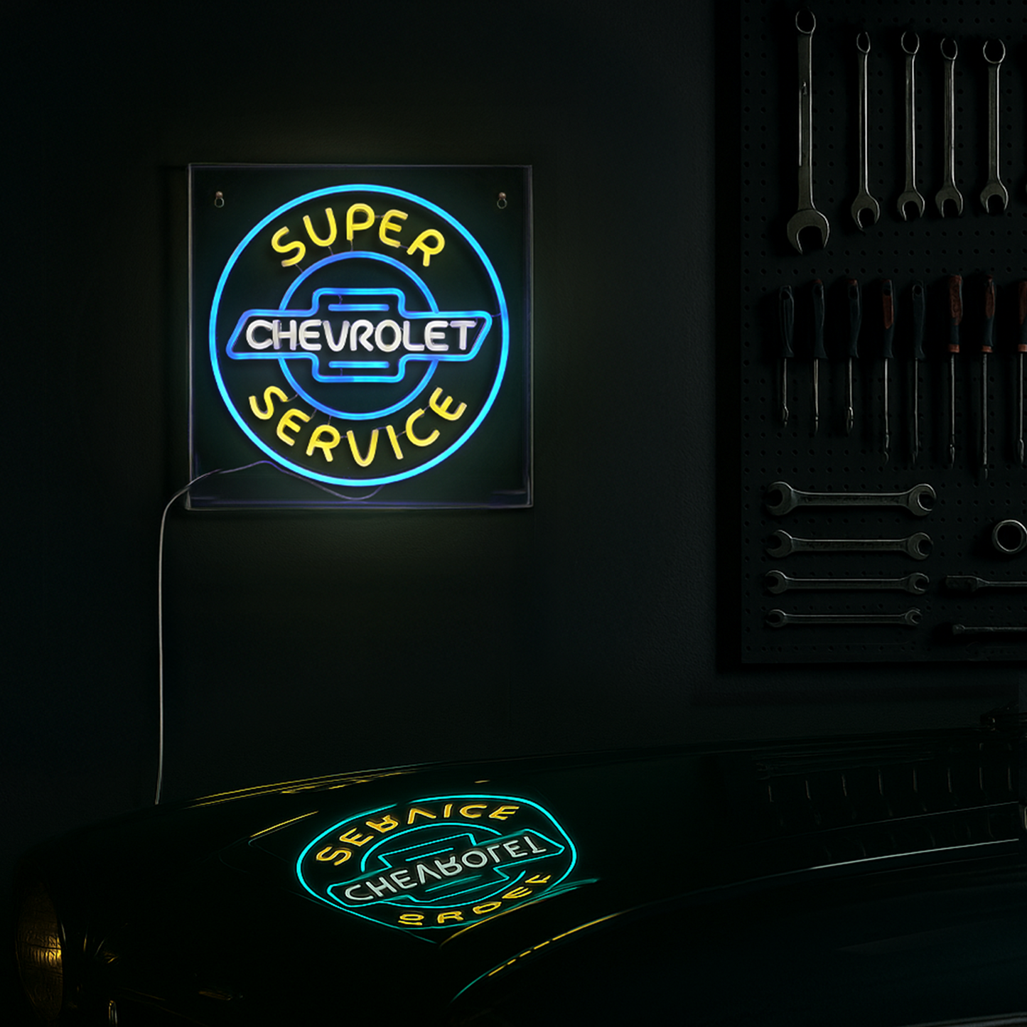 Licensed Chevrolet Super Service Acrylic LED Wall Decor Sign - 16" x 16"